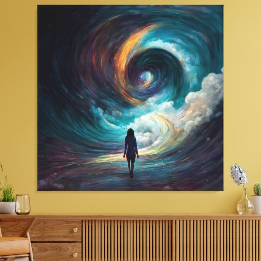 Kleine vrouw die de Wave Vortex-kunst tegenkomt Canvas Afdruk (Insitu (Woonkamer))