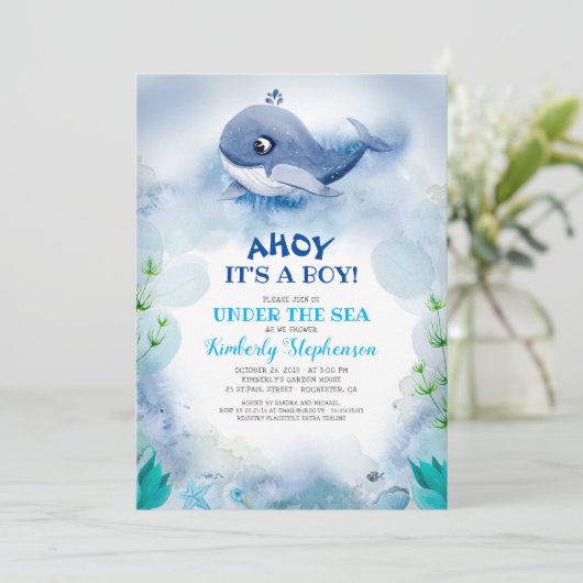 Kleine walvis onder het Baby shower Zee Kaart (Staand voorkant)