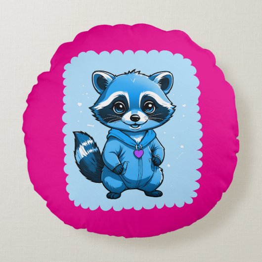 Kleine wasbeer in blauw rond kussen (Voorkant)