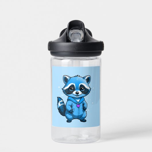Kleine wasbeer in blauwe waterfles (Voorkant)