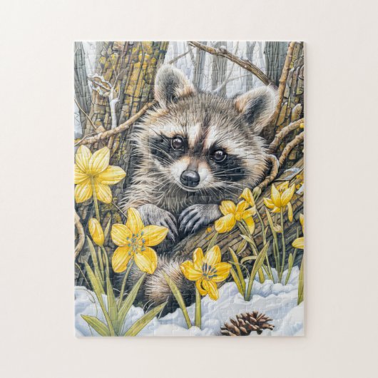 Kleine wasbeer tussen lentebomen legpuzzel (Verticaal)