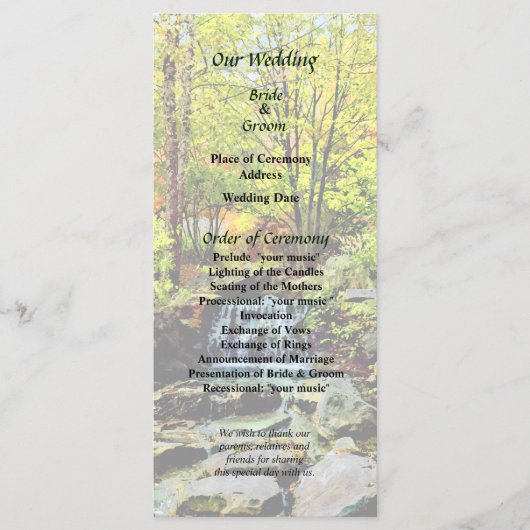 Kleine waterval in het herfstparkprogramma Wedding Programmakaart (Voorkant)