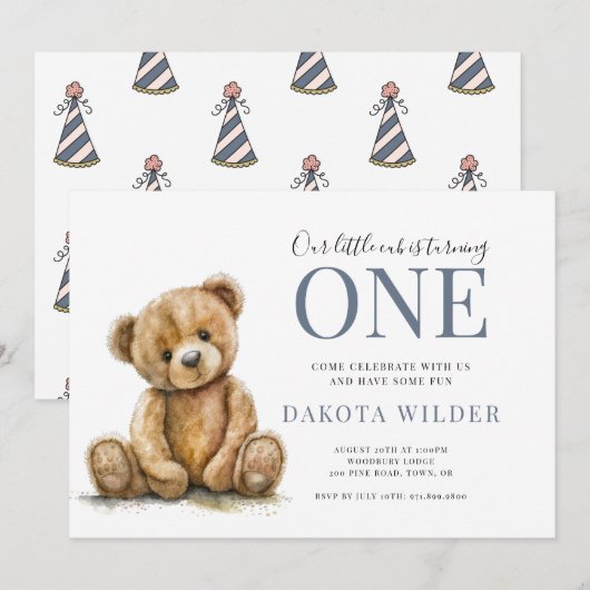 Kleine Waterverf Teddy Bear Boy 1e Verjaardag Kaart (Voorkant / Achterkant)