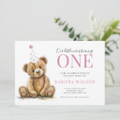 Kleine Waterverf Teddy Bear Meisje 1e Verjaardag Kaart (Staand voorkant)