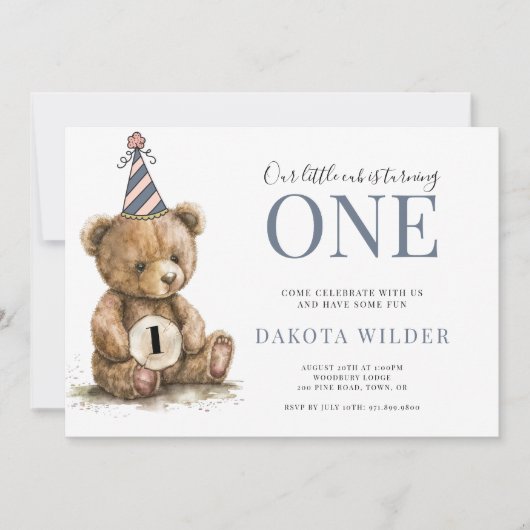Kleine Waterverf Teddybeer die één verjaardag draa Kaart (Voorkant)