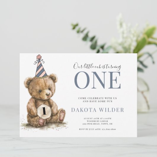 Kleine Waterverf Teddybeer die één verjaardag draa Kaart (Staand voorkant)