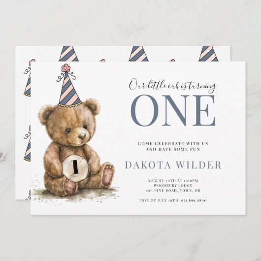 Kleine Waterverf Teddybeer die één verjaardag draa Kaart (Voorkant / Achterkant)