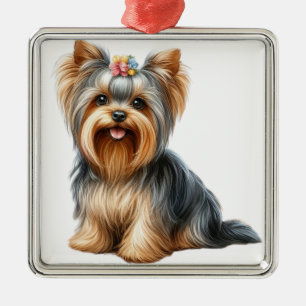 KLEINE WATERVERF YORKSHIRE TERRIER PUPPY DOG METALEN ORNAMENT