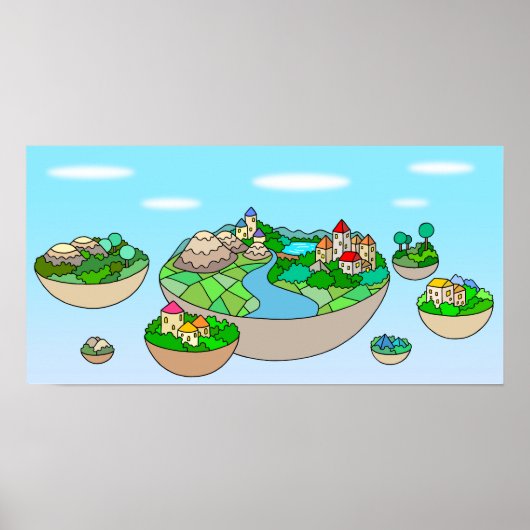 Kleine wereld binnen een drijvend eiland. poster (Voorkant)