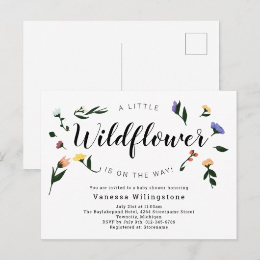 Kleine wilde bloem op weg naar Floral Baby shower Uitnodiging Briefkaart (Voorkant / Achterkant)