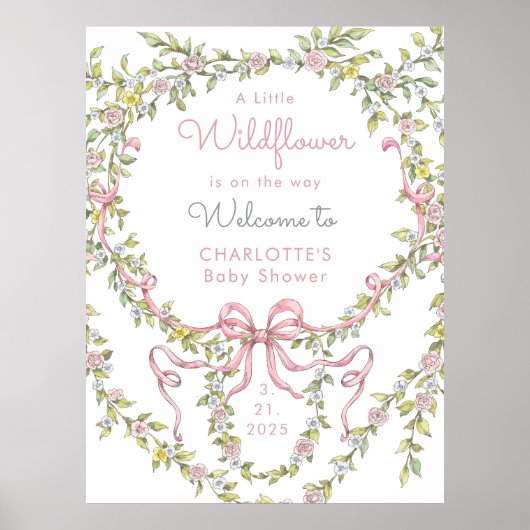 Kleine wilde bloem roze Bow Baby shower Welkom Poster (Voorkant)