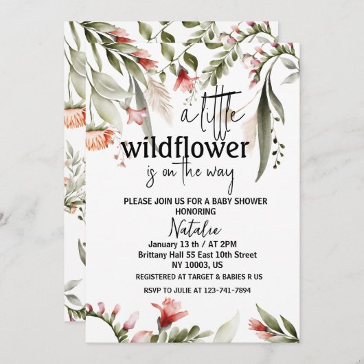 kleine wildflower baby douche uitnodigingen (Voorkant / Achterkant)