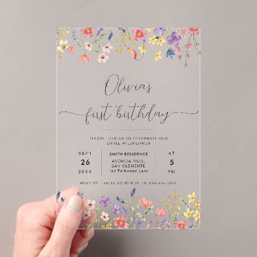 Kleine Wildflower Bloemkrans Foto 1e Verjaardag Acryl Uitnodigingen (Insitu (Draagbaar))