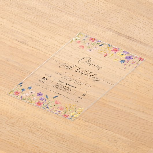 Kleine Wildflower Bloemkrans Foto 1e Verjaardag Acryl Uitnodigingen (Laagn)