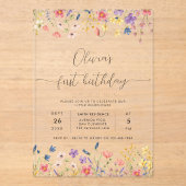 Kleine Wildflower Bloemkrans Foto 1e Verjaardag Acryl Uitnodigingen (Voorkant)