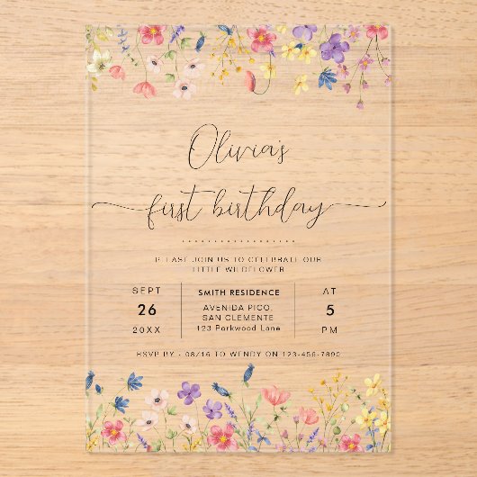 Kleine Wildflower Bloemkrans Foto 1e Verjaardag Acryl Uitnodigingen (Voorkant)
