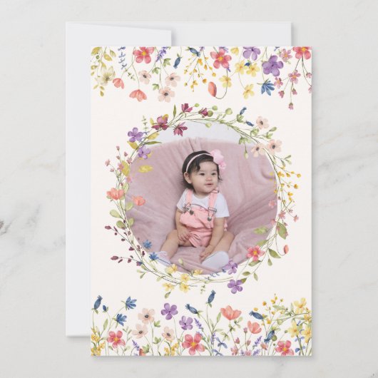 Kleine Wildflower Bloemkrans Foto 1e Verjaardag Kaart (Achterkant)