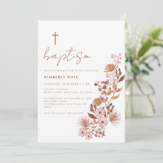 Kleine Wildflower Boho Terracotta Doop Kaart (Staand voorkant)