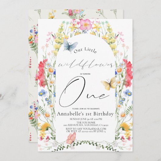 Kleine Wildflower Butterfly Arch Meisje 1e Verjaar Kaart (Voorkant / Achterkant)