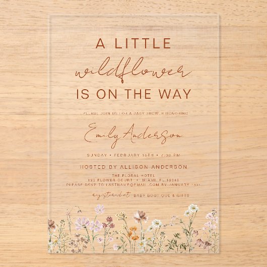 Kleine Wildflower op de weg Baby shower Acryl Uitnodigingen (Voorkant)