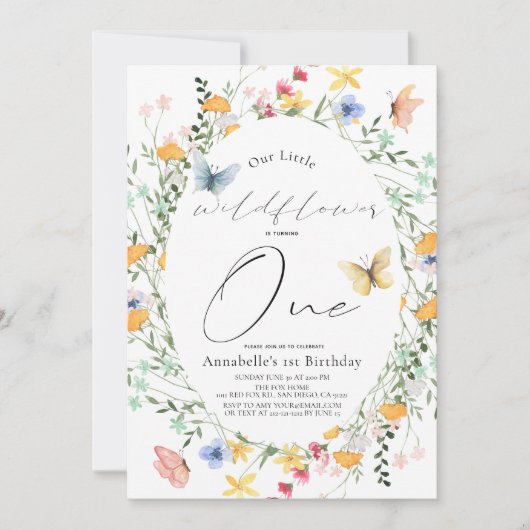 Kleine Wildflower Vlinder Ovaal Meisje 1e Verjaard Kaart (Voorkant)