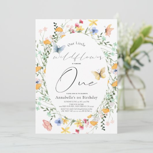 Kleine Wildflower Vlinder Ovaal Meisje 1e Verjaard Kaart (Staand voorkant)