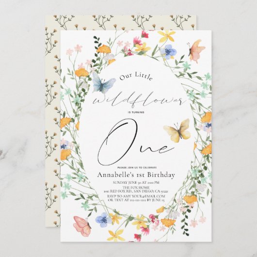 Kleine Wildflower Vlinder Ovaal Meisje 1e Verjaard Kaart (Voorkant / Achterkant)