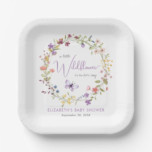 Kleine Wildflower Waterverf Baby Meisje Douche Papieren Bordje (Voorkant)