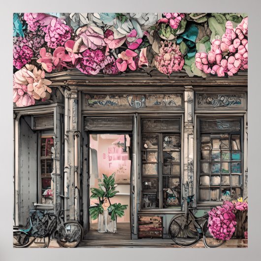 Kleine winkel in een dorp met roze bloemen poster (Voorkant)
