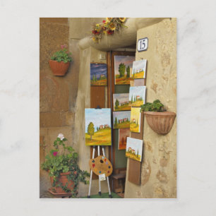 Kleine winkel met kunstwerk te koop op het trottoi briefkaart
