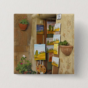 Kleine winkel met kunstwerk te koop op het trottoi vierkante button 5,1 cm