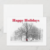 Kleine winter scène kerstkaart rode strik (plat) (Voorkant / Achterkant)