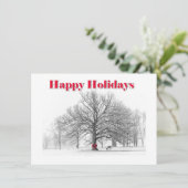 Kleine wintertafereel kerstkaart rode strik (plat) (Staand voorkant)