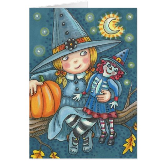 KLEINE WITCH EN DOLL HALLOWEEN WENSKAART leeg (Voorkant)