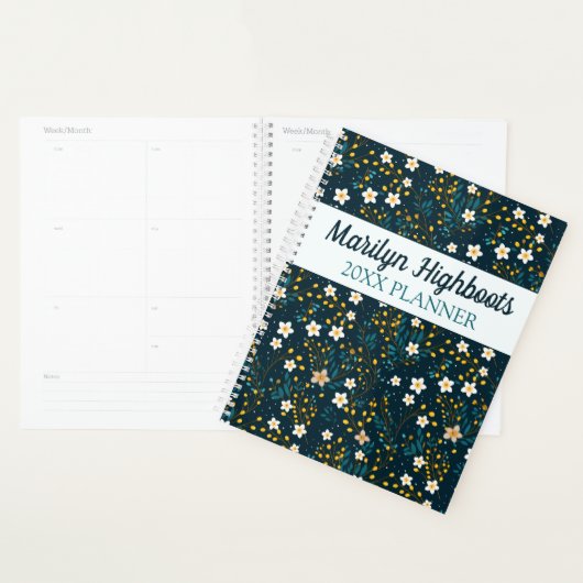 Kleine witte, Blauwgroen en gouden bloemen Planner (Display)