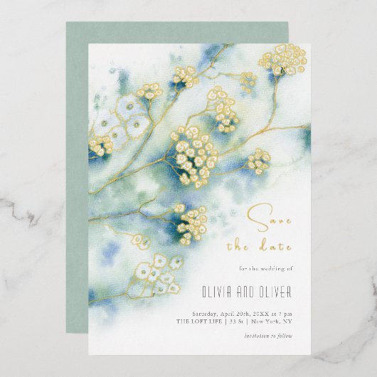 Kleine witte bloemen bewaren de datum folie uitnodiging (Voorkant / Achterkant)