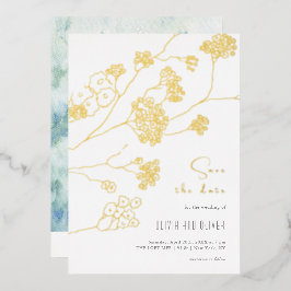 Kleine witte bloemen bewaren de datum folie uitnodiging