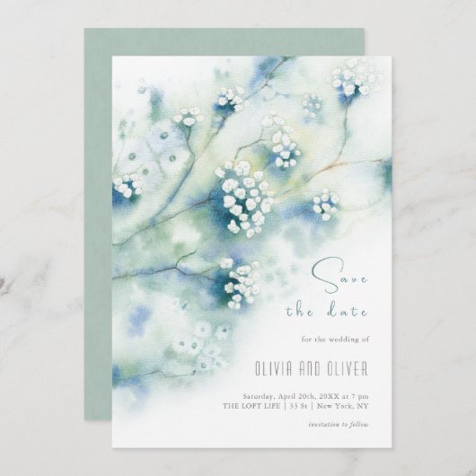 Kleine witte bloemen bewaren de datum kaart (Voorkant / Achterkant)