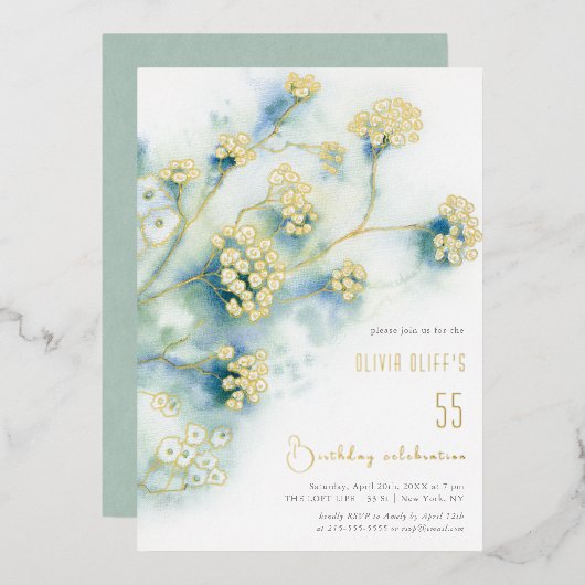 Kleine witte bloemen verjaardag elke leeftijd folie uitnodiging (Voorkant / Achterkant)