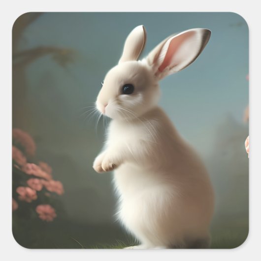 Kleine Witte Bunny en Rozen Vierkante Sticker (Voorkant)