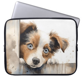 KLEINE WITTE EN BRUINE PUPPY HOND DIE OVER HET HEK LAPTOP SLEEVE