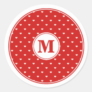 Kleine witte harten op rood monogram ronde sticker
