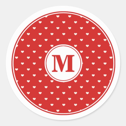 Kleine witte harten op rood monogram ronde sticker (Voorkant)