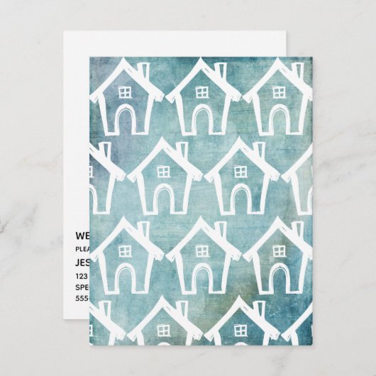 Kleine witte huizen Blauwgroen Grunge We verhuisde Kaart (Voorkant / Achterkant)