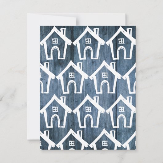 Kleine witte huizen op blauw hout We verhuisden Ka Kaart (Voorkant)