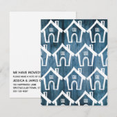 Kleine witte huizen op blauw hout We verhuisden Ka Kaart (Voorkant / Achterkant)