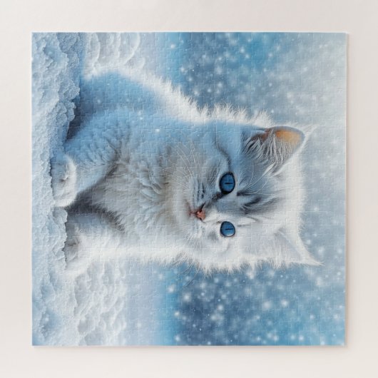 Kleine witte kitten in sneeuw kerst legpuzzel (Horizontaal)