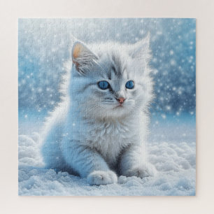 Kleine witte kitten in sneeuw kerst legpuzzel