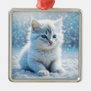 Kleine witte kitten in sneeuw kerst metalen ornament