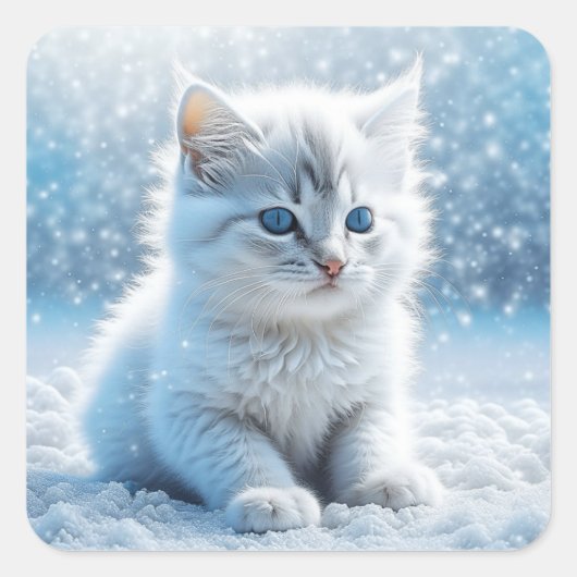 Kleine witte kitten in sneeuw kerst vierkante sticker (Voorkant)